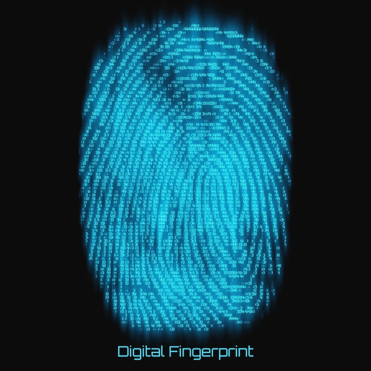 Free Vector vector abstract binary representation of fingerprint. cyber thumbprint blue pattern composed of numbers with glow. biometric identity verification. futuristic sensor scan image. digital dactylogram.