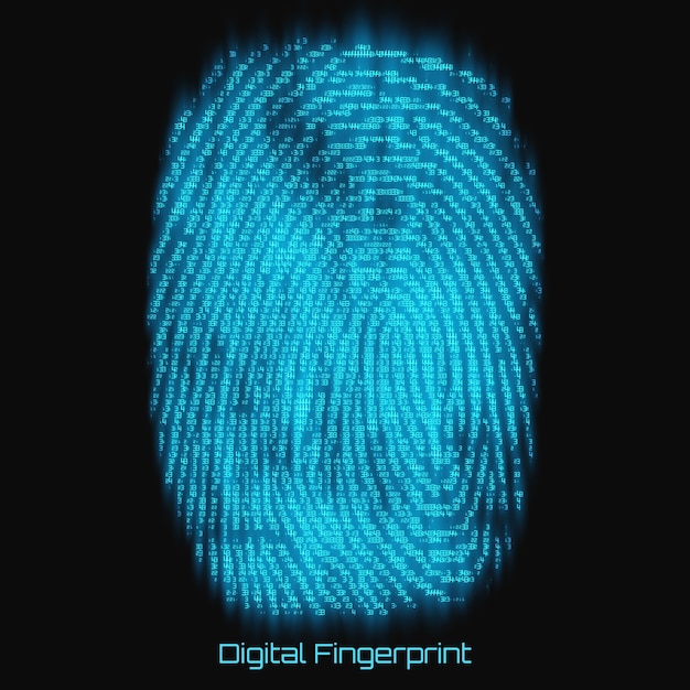 Векторное абстрактное двоичное представление отпечатка пальца. Кибер-отпечаток пальца синий узор, состоящий из чисел со свечением. Биометрическая проверка личности. Футуристическое изображение сканирования сенсора. Цифровая дактилограмма.