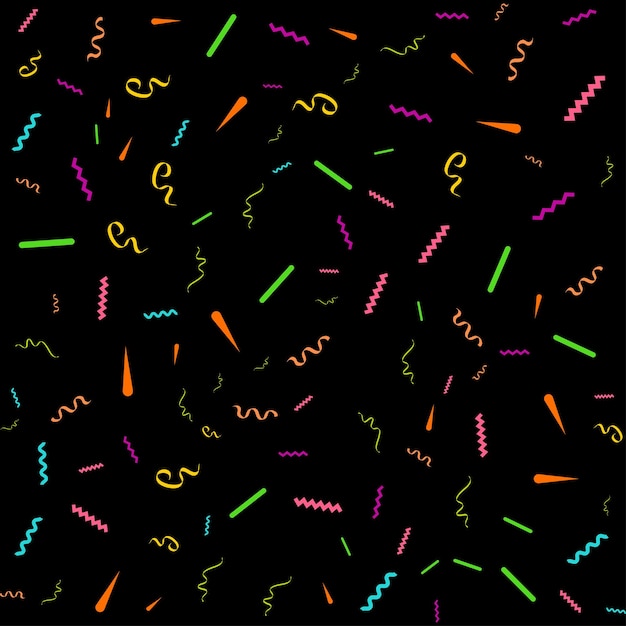 Free vector vector abstract black background with many falling tiny colorful confetti pieces and ribbon carnival christmas or new year decoration colorful party pennants for birthday festival