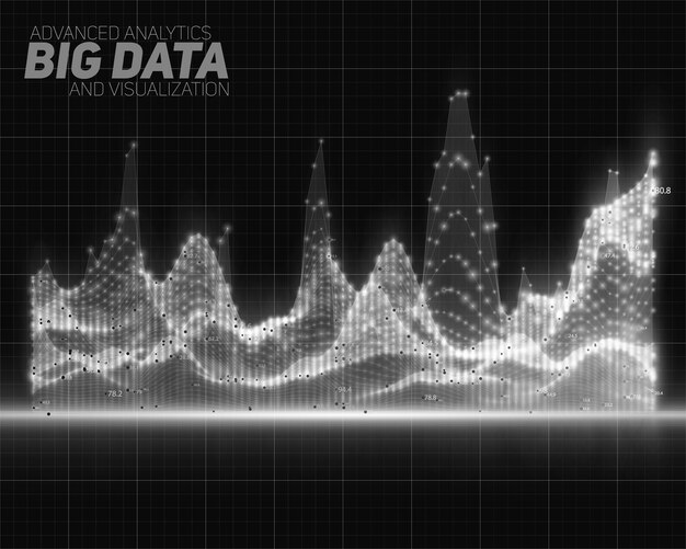 벡터 추상 회색조 빅 데이터 시각화. 미래의 인포 그래픽 미적 디자인. 시각적 정보 복잡성. 복잡한 데이터 스레드 그래픽. 소셜 네트워크 또는 비즈니스 분석.