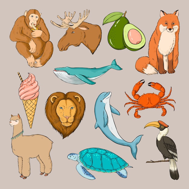 Vettore gratuito set di clipart colorate di vettore animale adesivo