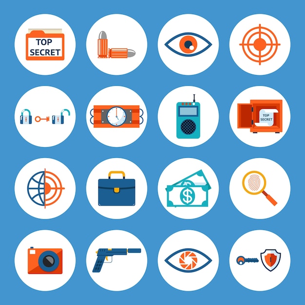 Vector Assorted Spy Accessories and Gadget Icons Isolated on Blue Background.