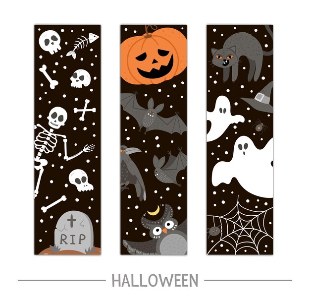 学校に戻るベクトルハロウィーンのブックマークセット バナー ポスター 招待状の面白い諸聖人の日のデザイン スケルトン カボチャのランタン 幽霊 黒猫 コウモリの縦型カードテンプレート プレミアムベクター