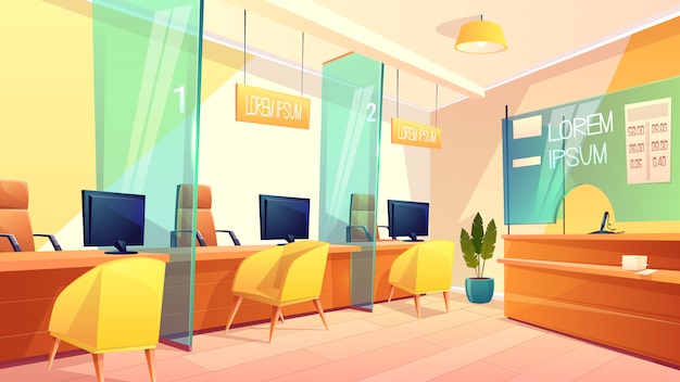 Vector background of bank office, counters for managers and clients. bright interior of finance place, consulting lobby and showcase with exchange rate. business concept.