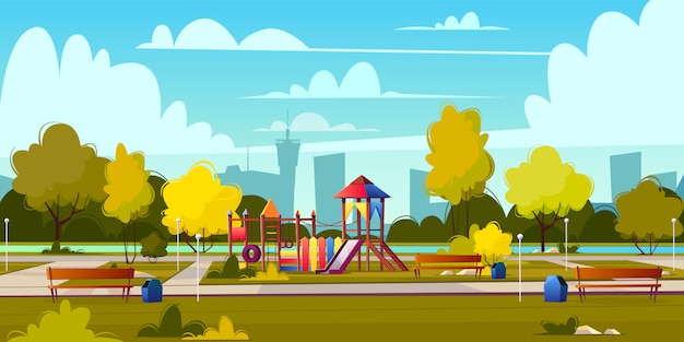 Векторный фон мультфильм площадка в парке летом. Пейзаж с зелеными деревьями, растениями и бу