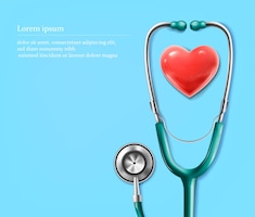 Vector background illustration stethoscope with heart medical banner on blue wall