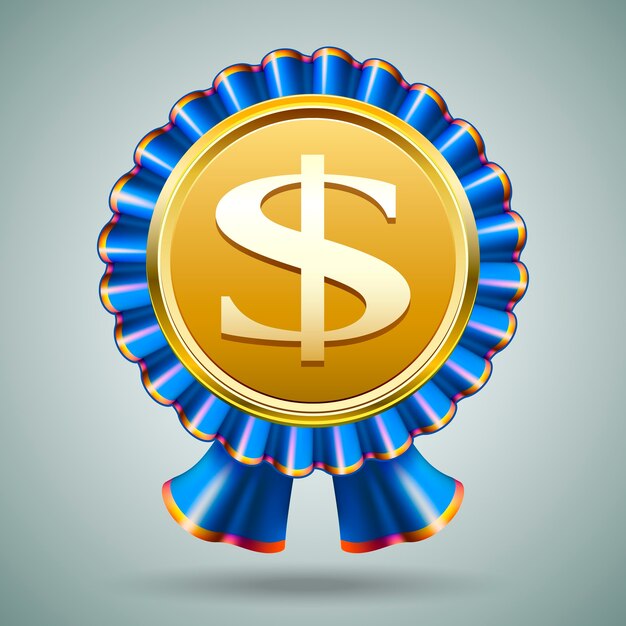 Векторный значок со знаком доллара, тисненным на металлическом золотом медальоне в плиссированной розетке с голубой лентой на сером фоне в денежной премии или экономической концепции