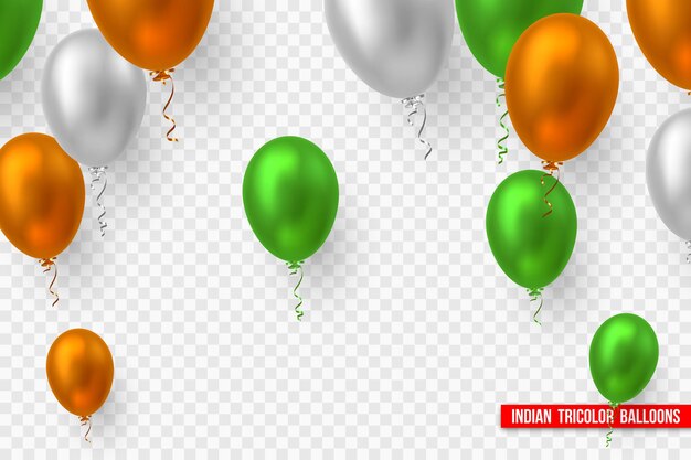 Vector balloons in traditional tricolor of Indian flag. Decorative realistic elements for national holidays of India. Isolated on transparent background.