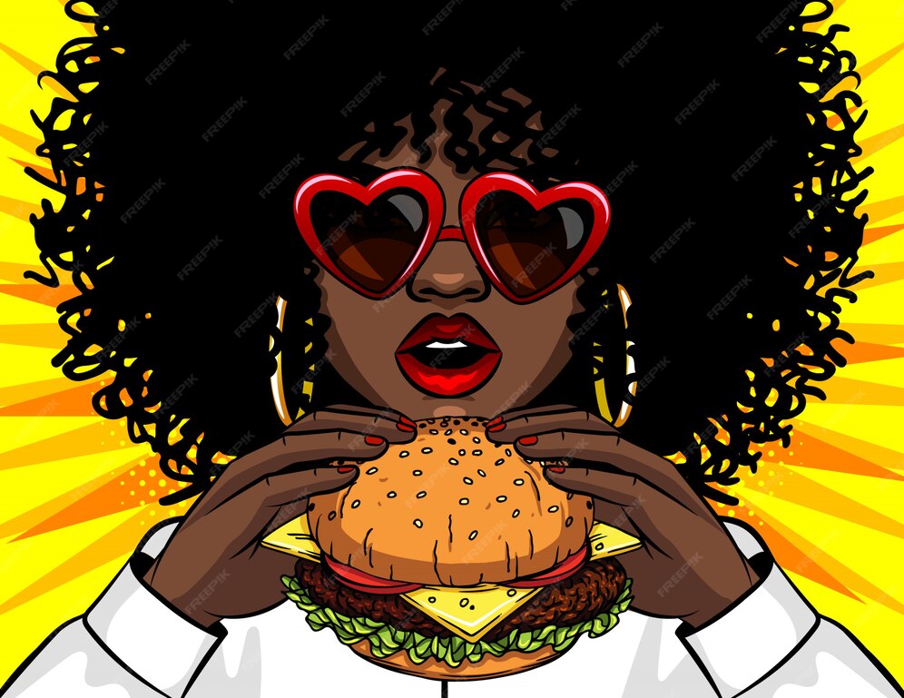 Premium Vector | Vector banner african american woman eating a burger