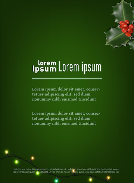 Vector banner illustration. green flyer with christmas lights and green leaves.