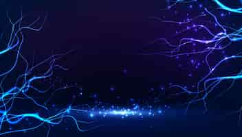 Free vector vector banner illustration lightning of thunder in abstract blue background with neon sparkles and light