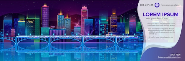 Vector banner with night city in neon lights