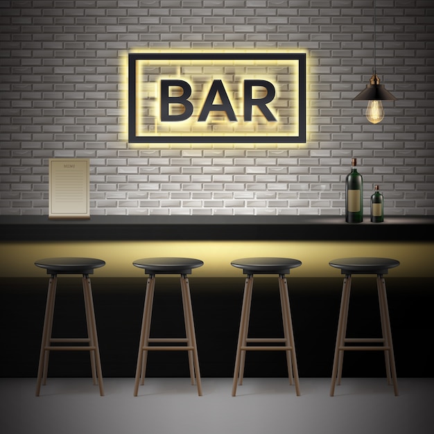 Vector bar, pub interno con pareti in mattoni, bancone, sedie, bottiglie di alcolici, menu, insegna luminosa e lampada