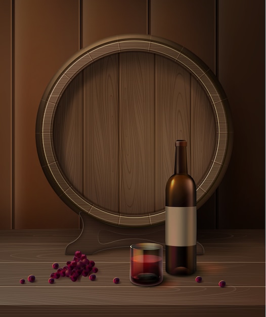 Вектор бочка на подставке с бутылкой вина, бокалом красного вина и винограда, изолированные на фоне