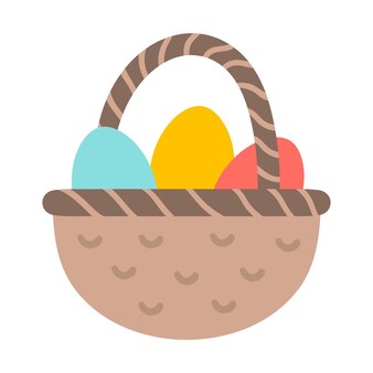 色付きの卵のアイコンでベクトルバスケット。イースターの伝統的なシンボルと白い背景で隔離のデザイン要素。子供のためのかわいい春のフラットイラスト。
