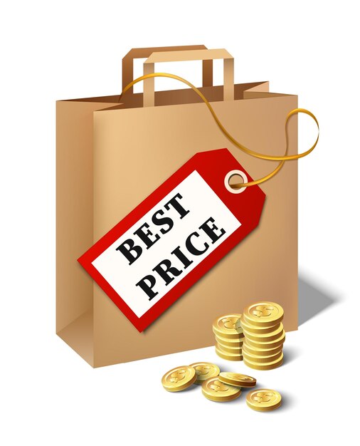 vector best price icon with cartoon paper bag price tag and golden coins