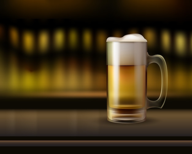 バーカウンターのビールのベクトル大きなガラスのマグカップは、暖かいぼかしの背景と側面図をクローズアップ