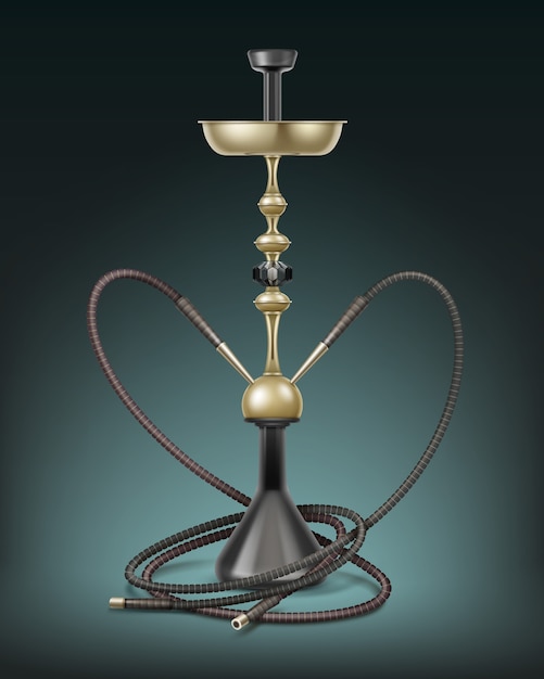 Vector big golden nargile for tobacco smoking made of metal with long hookah hoses isolated on dark background