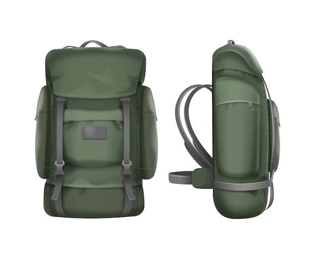 Vector big green travel backpack front and side view isolated on white background