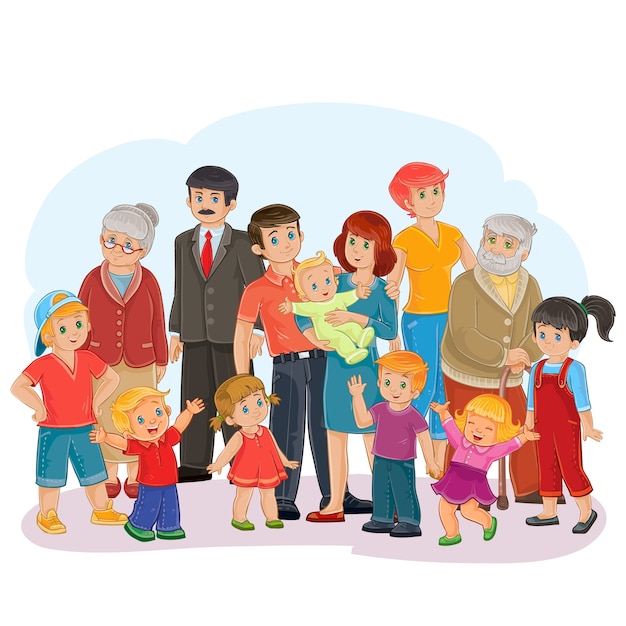 Вектор большая счастливая семья - прадед, прабабушка, дедушка, бабушка, папа, мама, дочери и сыновья