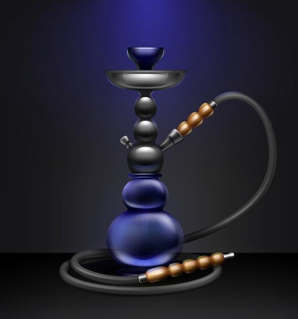 Vector big nargile for tobacco smoking made of metal and blue glass with long hookah hose isolated on dark background