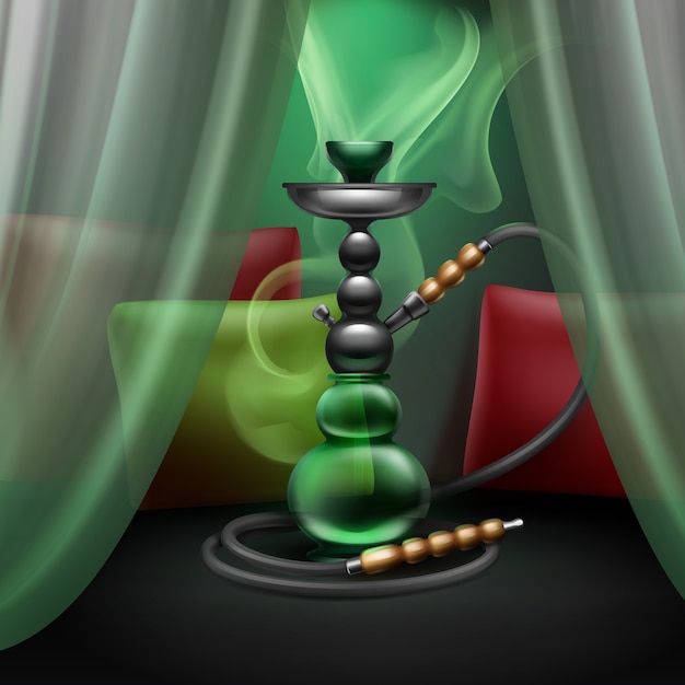 Vector big nargile for tobacco smoking made of metal and green glass with long hookah hose, pillows, curtains and steam