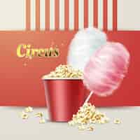 Free vector vector big red bowl of popcorn with pink, white cotton candy and circus sign