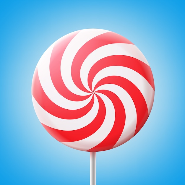 Vector big round spiral red and white lollipop on stick isolated on blue background