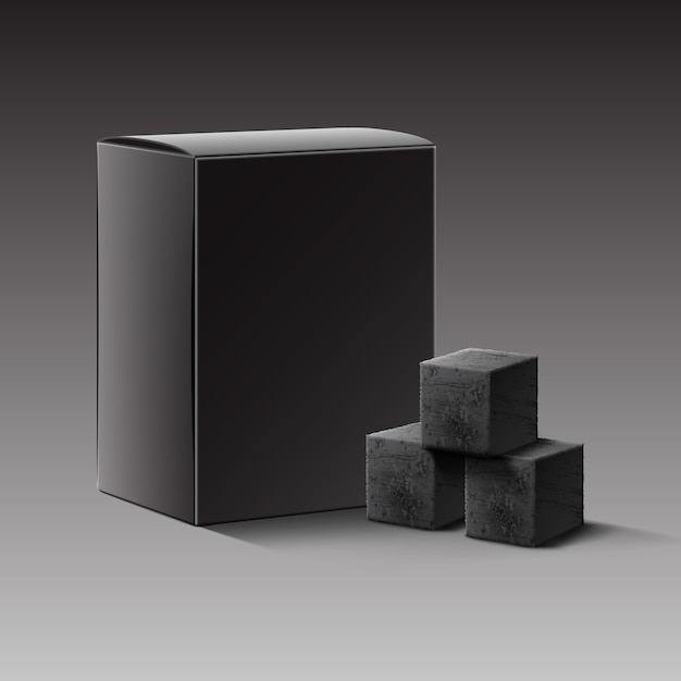 Vector black blank carton box of charcoal cubes for hookah pipe isolated on dark background