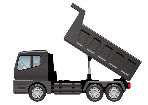白い背景で隔離のベクトル黒ダンプトラック荷降ろし側面図イラスト