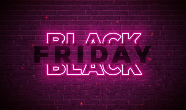 Vector black friday sale design con scritte luminose al neon su sfondo muro di mattoni scuri