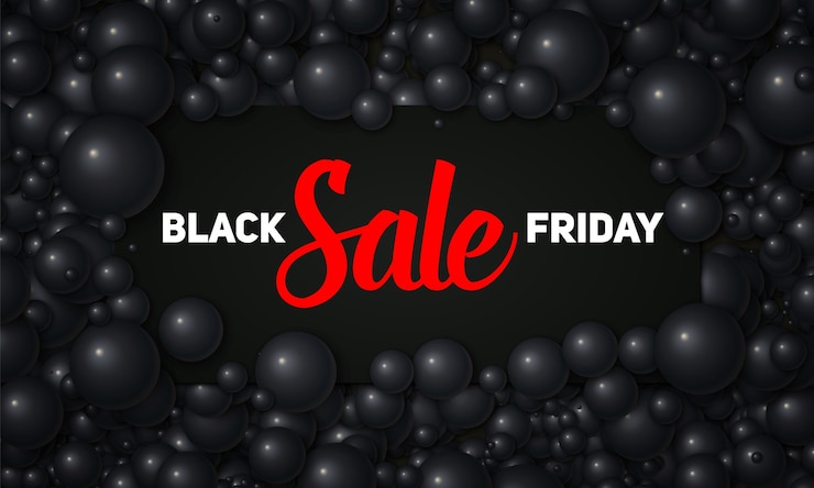 Free Vector vector black friday sale illustration of black card placed in black pearls or spheres