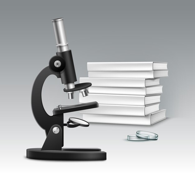 Vector black metal optical microscope with petri dish and pile of white books isolated on background