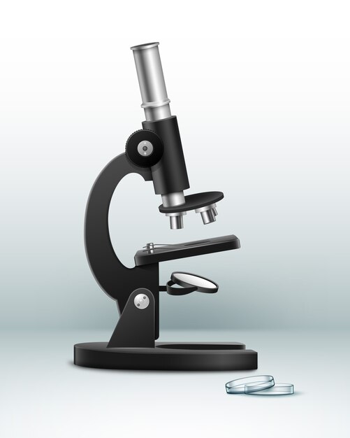 Вектор черный металлический оптический микроскоп с видом сбоку чашки Петри, изолированные на фоне