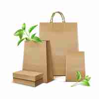 Free vector vector blank kraft paper bags with leaves for branding on white background