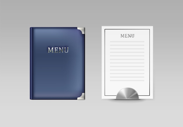 Vector blue cafe menu book holder and white card top view isolated on gray background