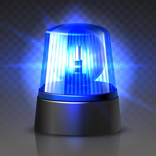 Vector blue police car top light glowing in the dark on black