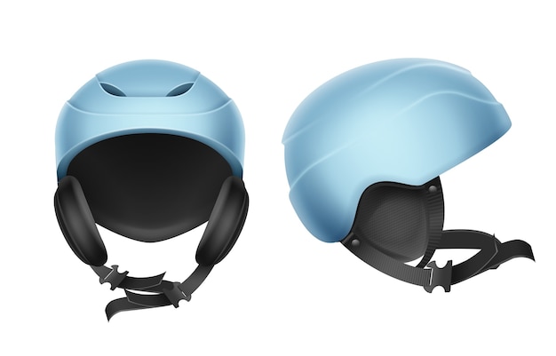 Vector blue protective helmet for skiing, snowboarding and other winter sports front, side view isolated on white background