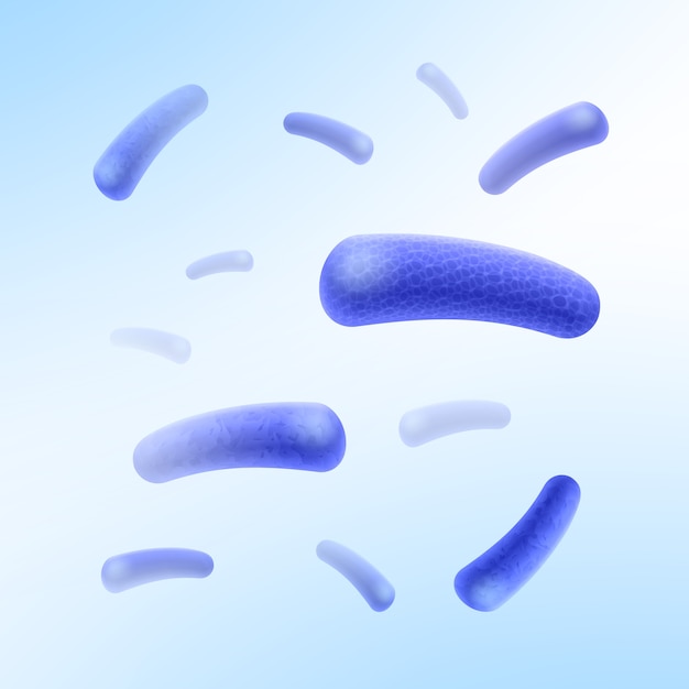 Vector blue rod-shaped bacilli bacteria flying chaotically in white space