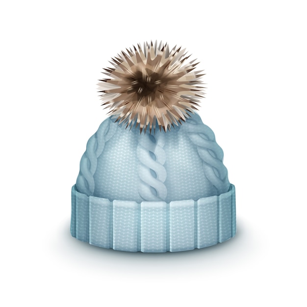 Free vector vector blue winter knitted cap with pom-pom side view isolated on white background