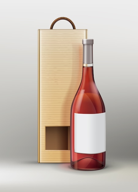 Vector bottle for wine or champagne with craft paper packaging on gray background