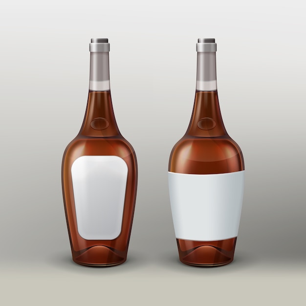 Vector bottles with empty labels, front and back view isolated on gradient background