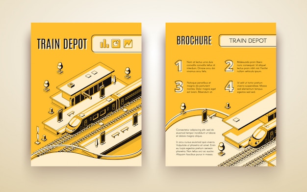 Vector brochure template for train depot. 3d isometric vehicle on railroad and station