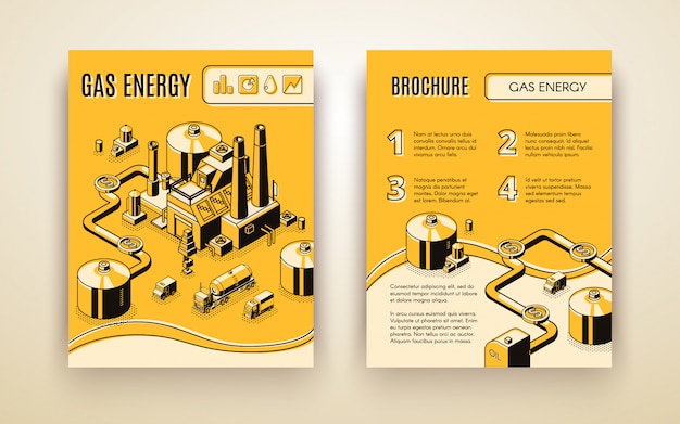 Vector brochure template with 3d isometric gas energy plant