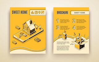 Free vector vector brochure template with 3d isometric house moving - travelling by smart technologies