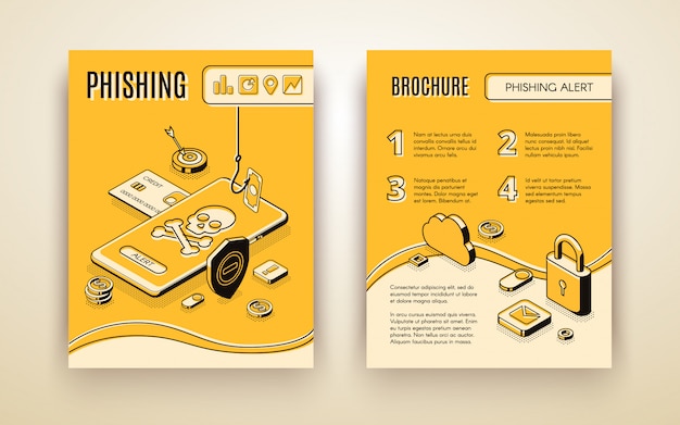 Vector brochure template with 3d isometric phishing alert concept