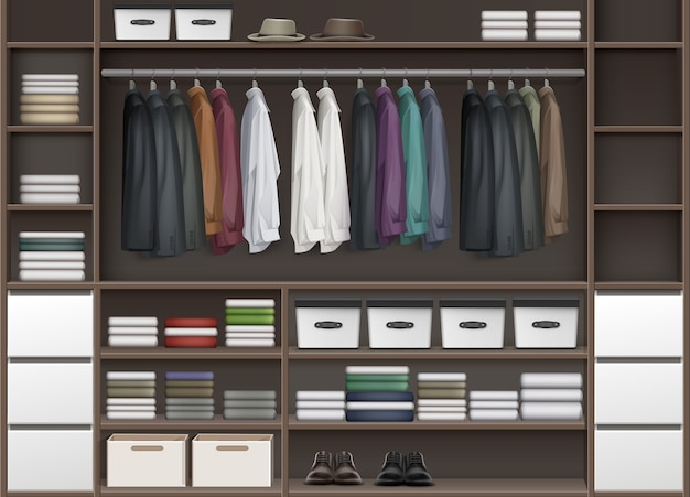 Vector brown cloakroom closet with shelves full of boxes and clothes shirts, boots, shoes and hats front view