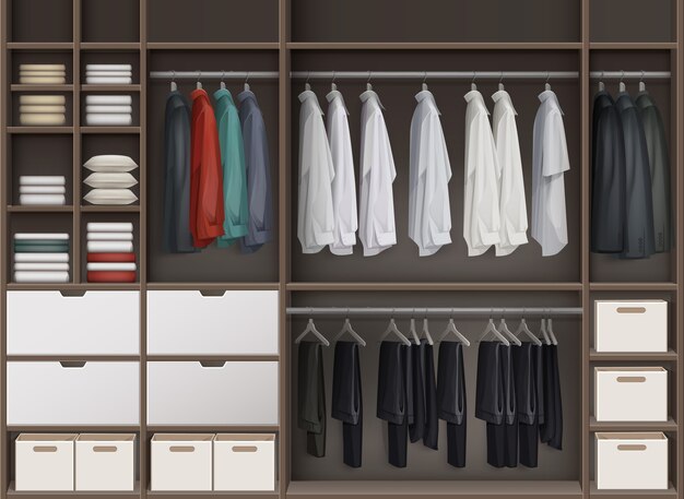 Vector brown cloakroom closet with shelves full of boxes and clothes shirts,trousers pants, jackets front view