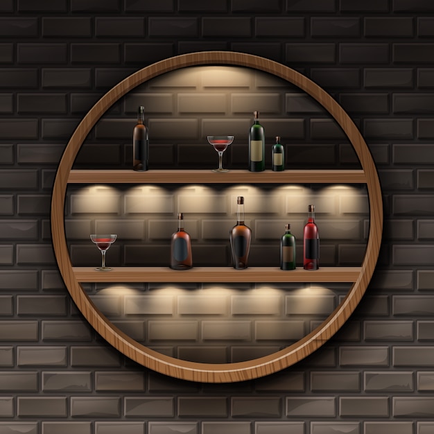 Vector brown round wooden shelves with backlights and glass bottles of alcohol isolated on dark brick wall Free Vector