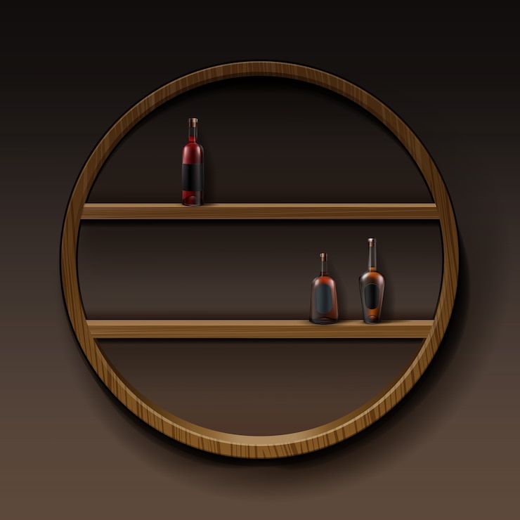 Free Vector vector brown round wooden shelves with bottles of alcohol isolated on dark background